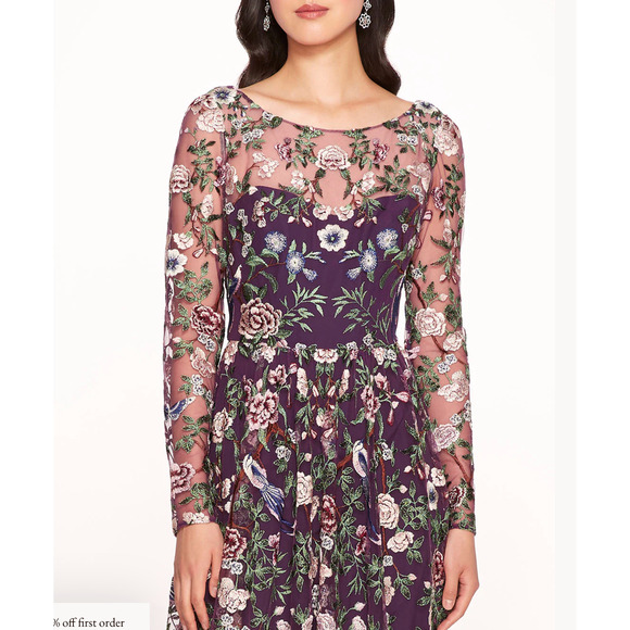 Marchesa Floral Embroidered Gown Purple Green Sheer Long Sleeve Dress Sz 2 - Picture 4 of 14